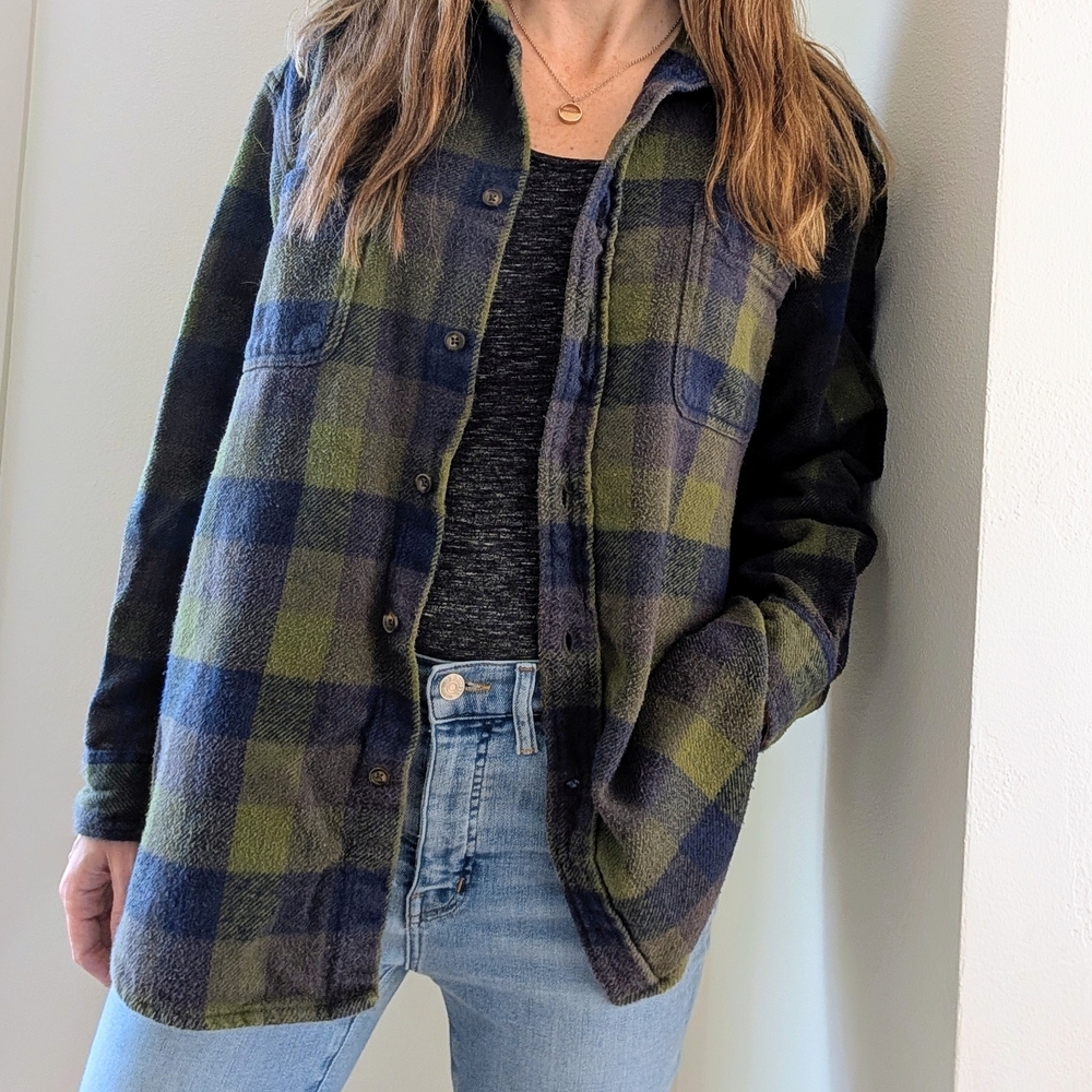 Vintage Plaid Button-Front Collared Flannel Shirt Jacket In Navy/Green